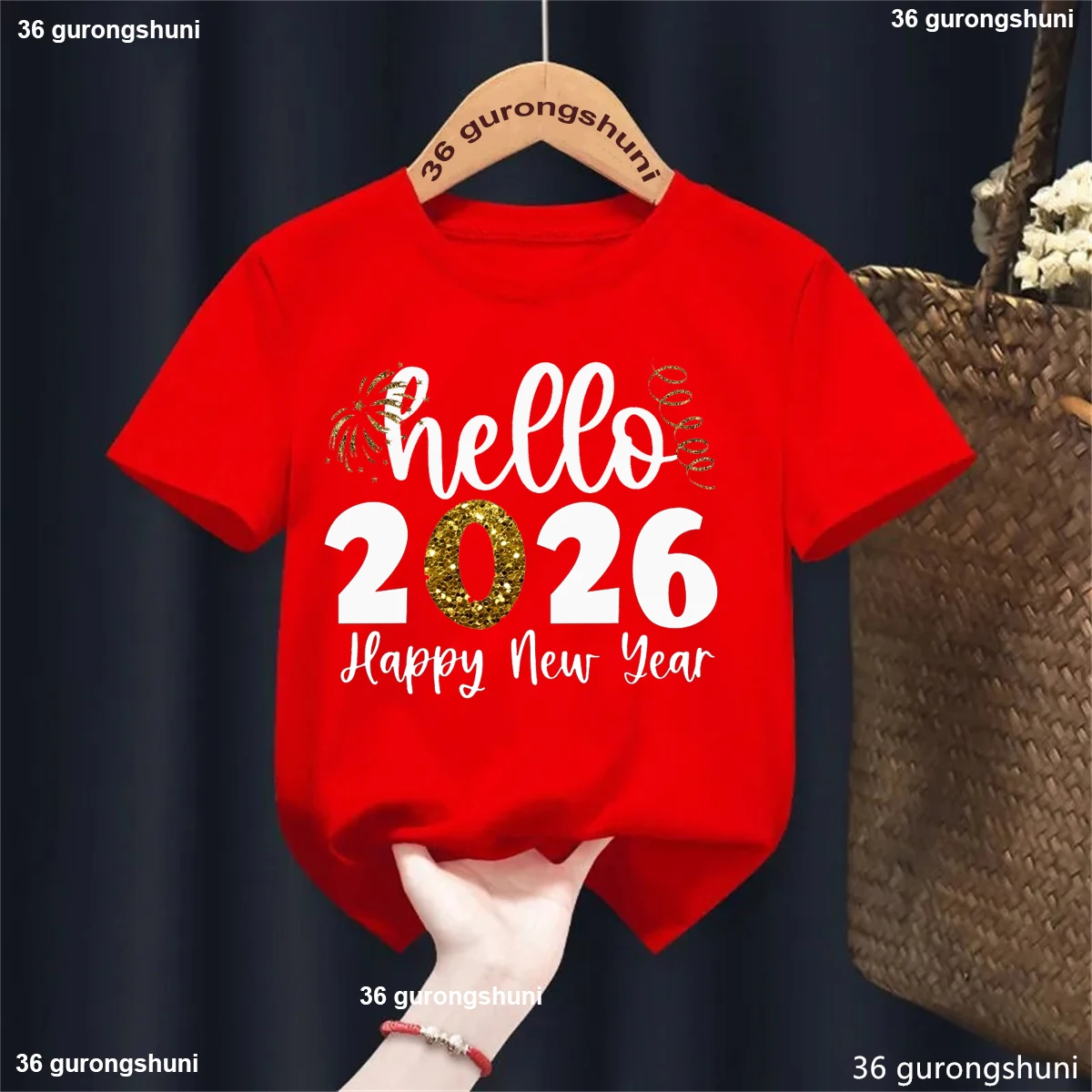 

Red Tshirt Hello 2026 And Happy New Year T-shirt Boys Girls Kids Baby Clothes Holiday Party Kids T Shirt Short Sleeve Tops Tee