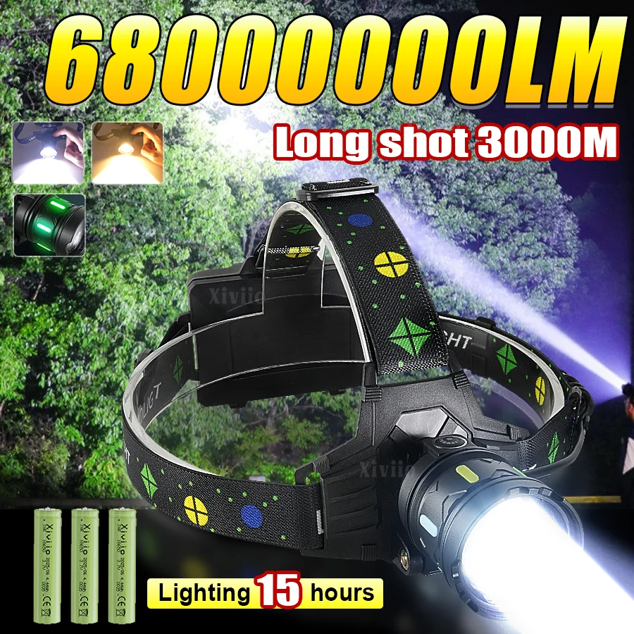 

68000000LM Мощный налобный фонарь Портативная перезаряжаемая лампа 18650 Супер мощный налобный фонарик Светодиодный налобный фонарь дальнего действия для рыбалки