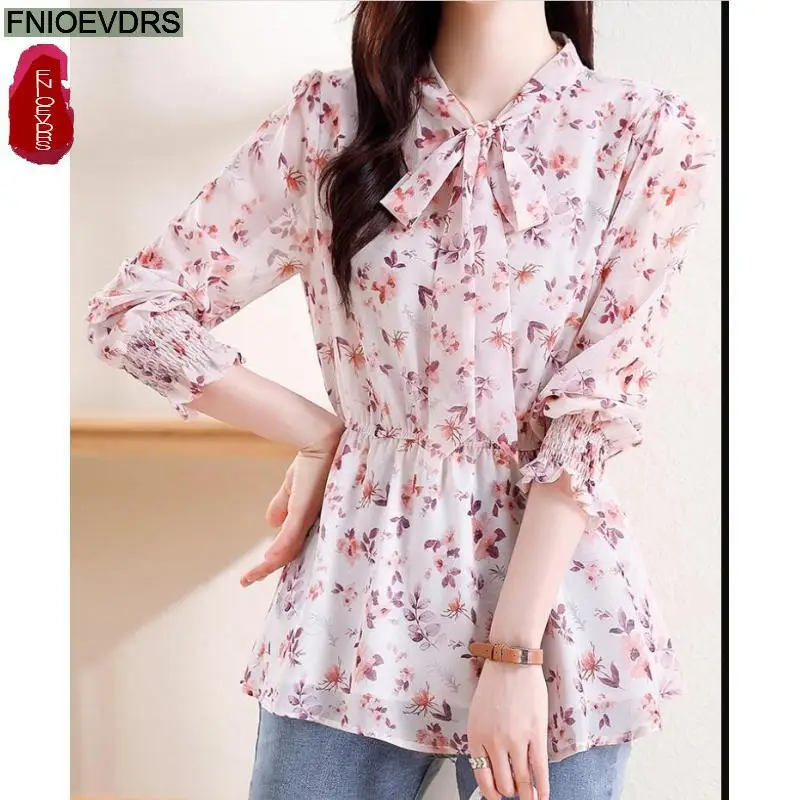 M-4XL Loose Clothes Women 2023 Autumn Elegant Office Lady Bow Tie Shirts Casual Retro Vintage Ruffles Floral Print Tops Blouses