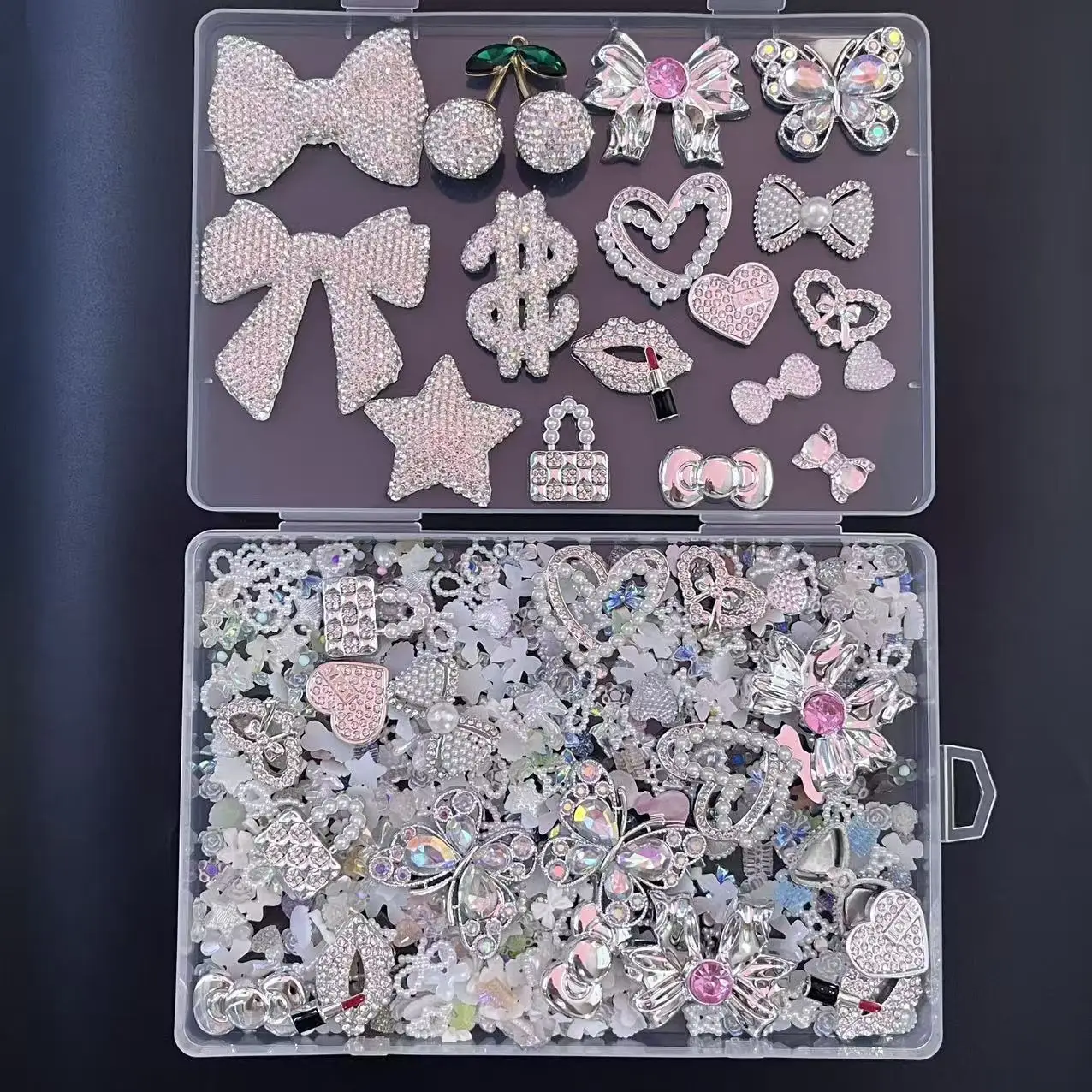 

One Box Bundle Large Diamond Blig Bow Dollar Sign Star Butterfly Resin Heart Purse Lipsitck Lips Junk Phone Case Ipadcase Charms