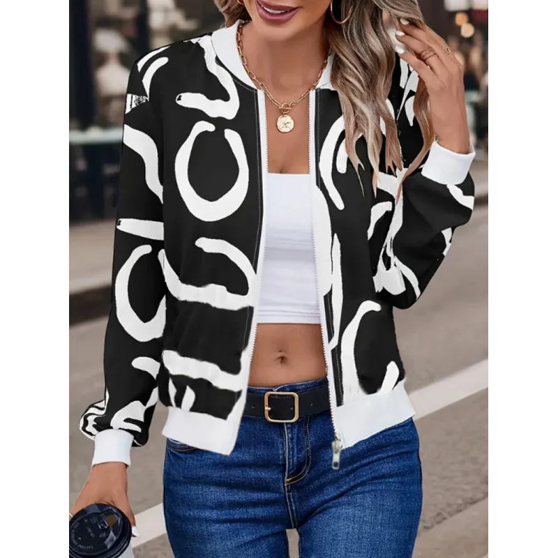 

Jackets Women Coats Stand Collar Coat Zipper Print Y2k Tops Streetwear Casual Outerwear Single Breasted Spring Work Jacket