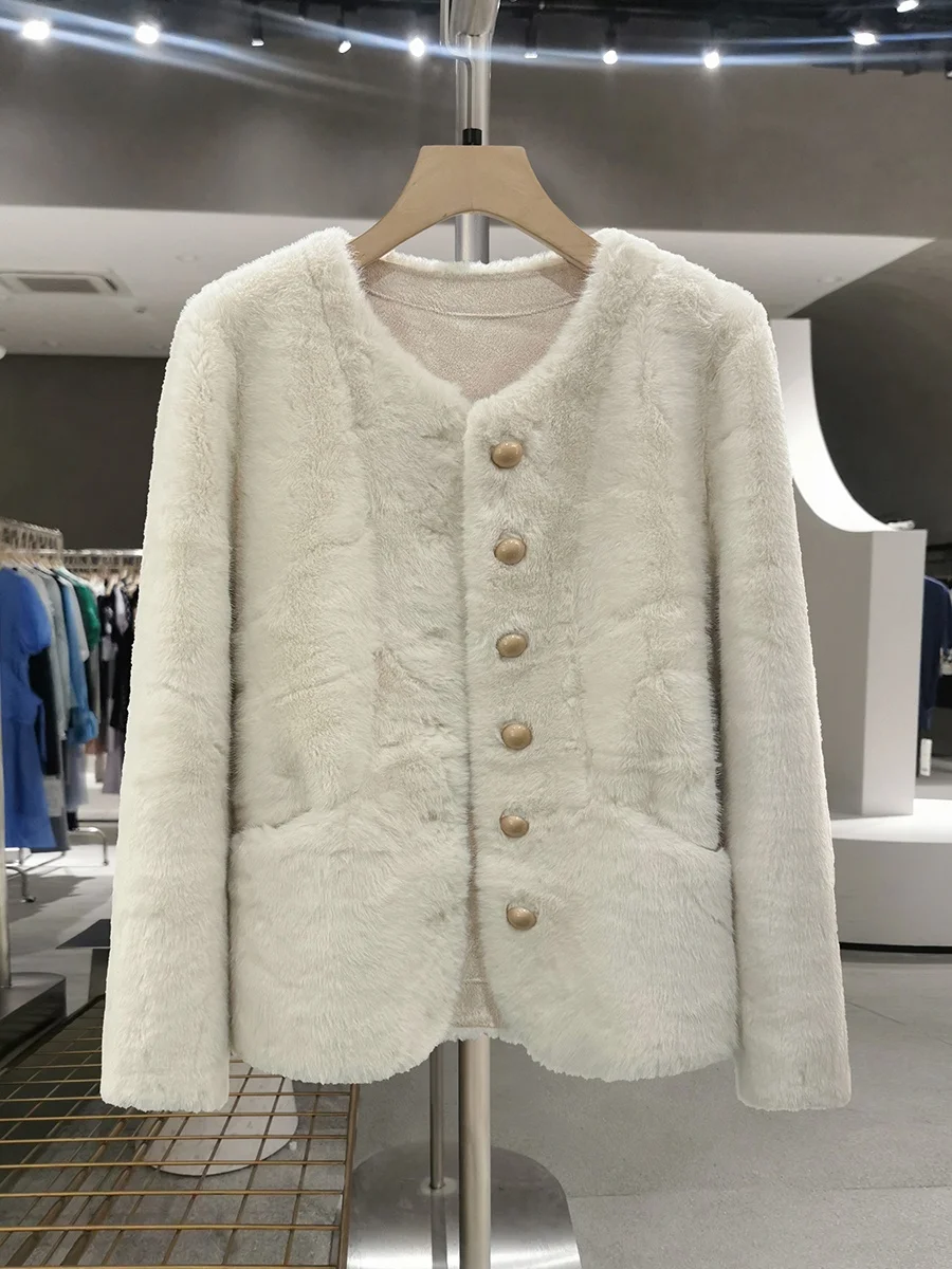 

Fashionable Young Women's Faux Fur Leather Jacket Loose Fit Autumn Winter Coat Eco-friendly Fur Long Sleeve round Neck Button...