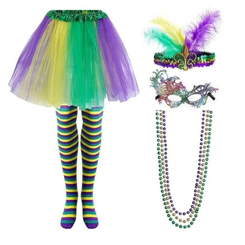 

652F Mardi Gras Costume Accessories for Carnival Celebration Sequins Headband Bead Necklace Tutu Skirt FatTuesday Decoration