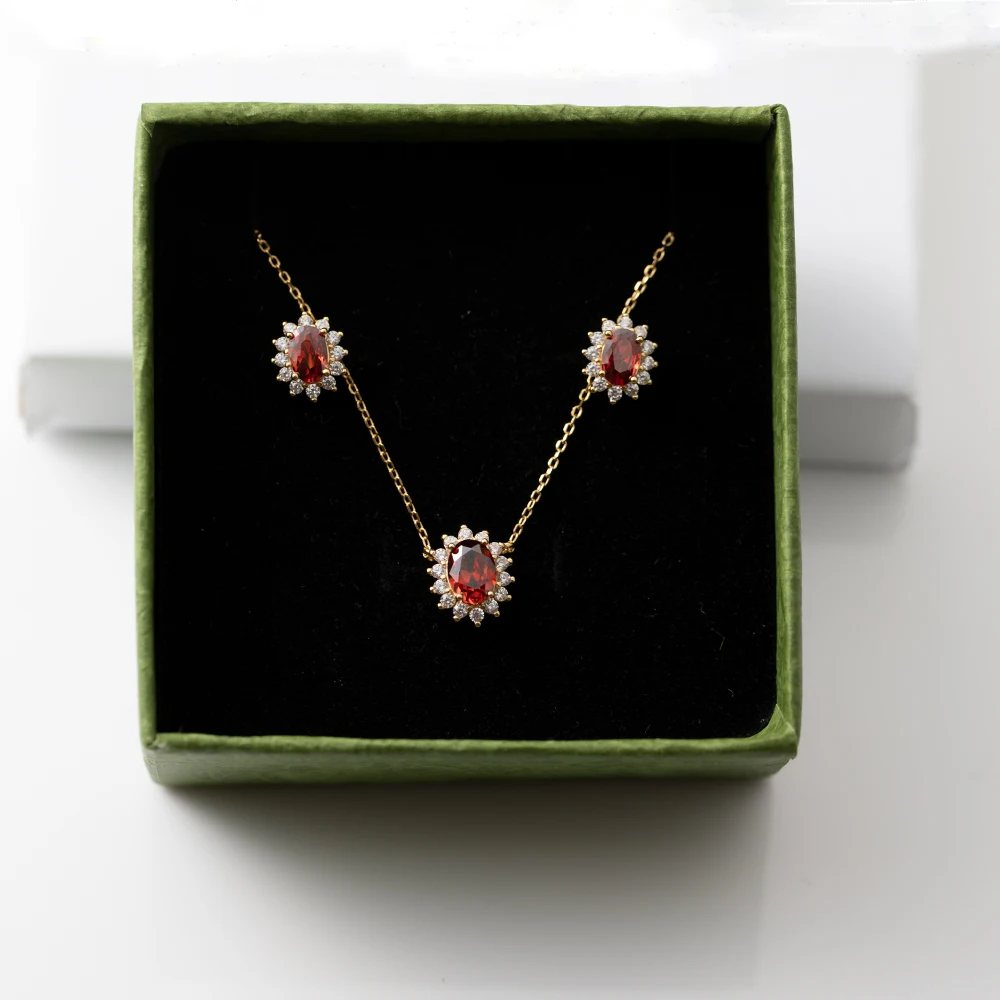 CCFJOYAS-Conjunto de collar y pendientes de rubí de oro de 18K, chapado en plata de ley 925, exquisito conjunto de joyería fina de circón rojo Granada Retro