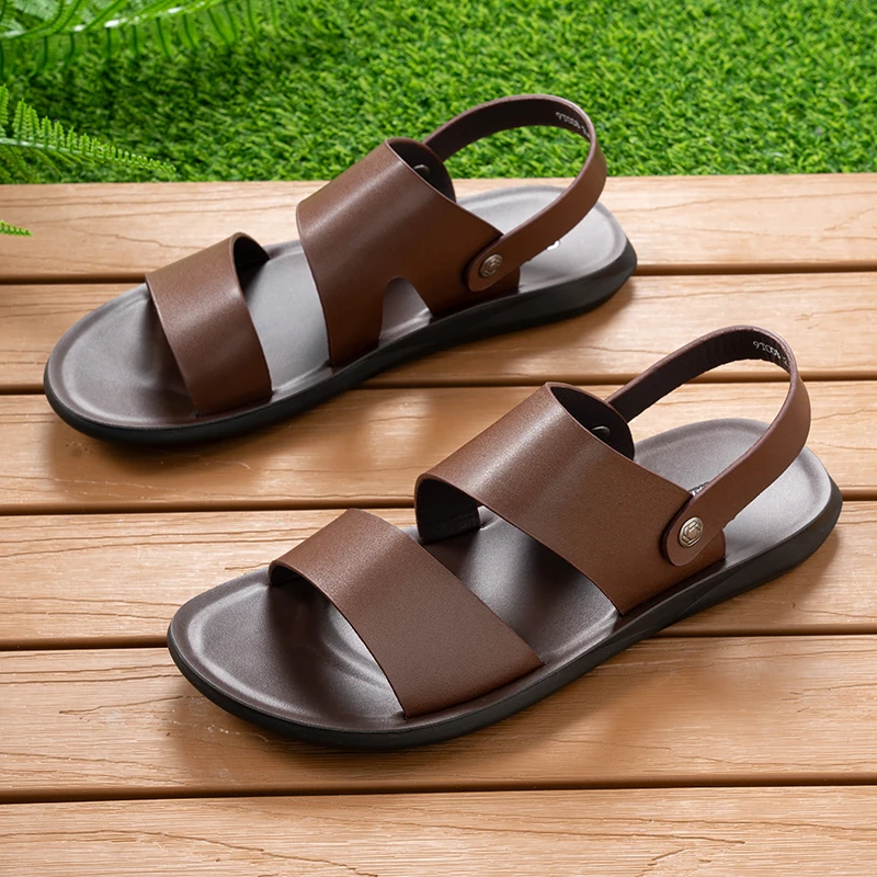 

Extra Large Men Leather Casual Slippers Soft Breathable Non Slip Lightweight Wearproof Outdoor Beach Daily Use