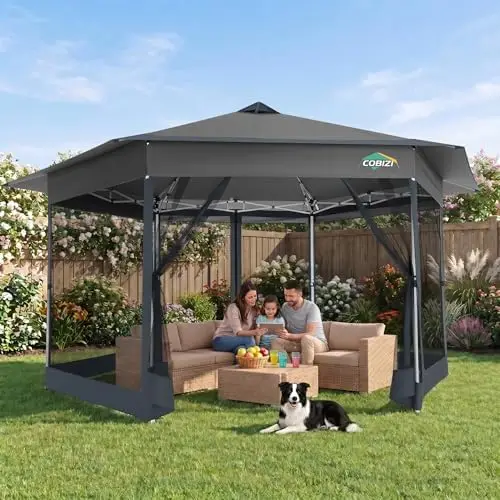 16x16 Pop Up Gazebo Tent with Mosquito Netting, Gazebos on Clearance, Hexagonal Outdoor Canopy Shelter, Patented Center