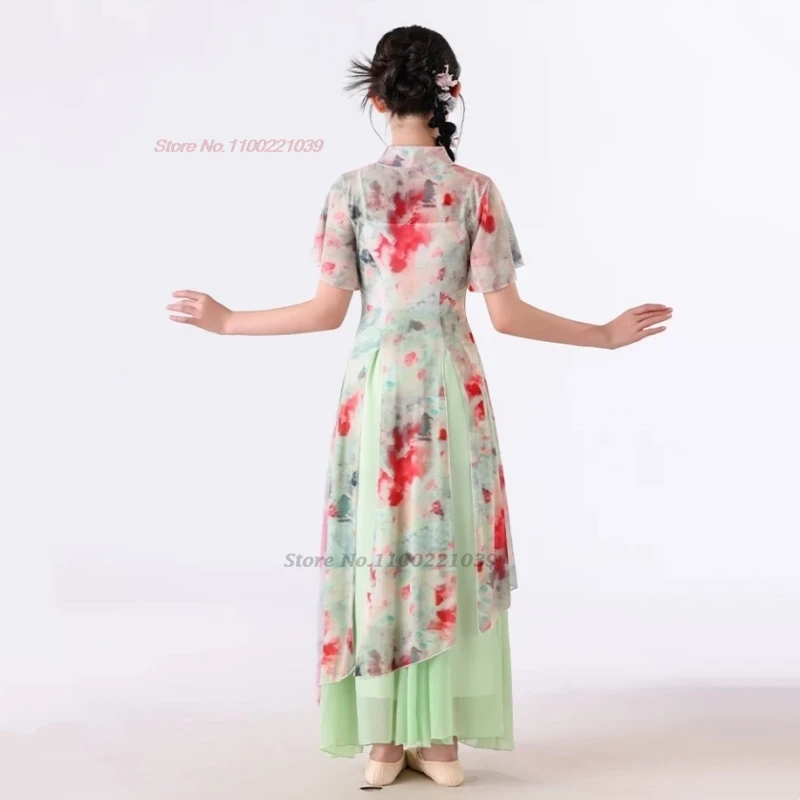 2025 chinese vintage children dance costume flower print mesh qipao dress+pants traditional children stage performance cheongsam