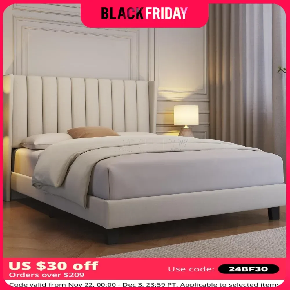 

Beige Full Bed Frame Upholstered Platform Bed With Fabric Headboard Bases & Frames Queen Foundation Metal Under Storage Bedroom