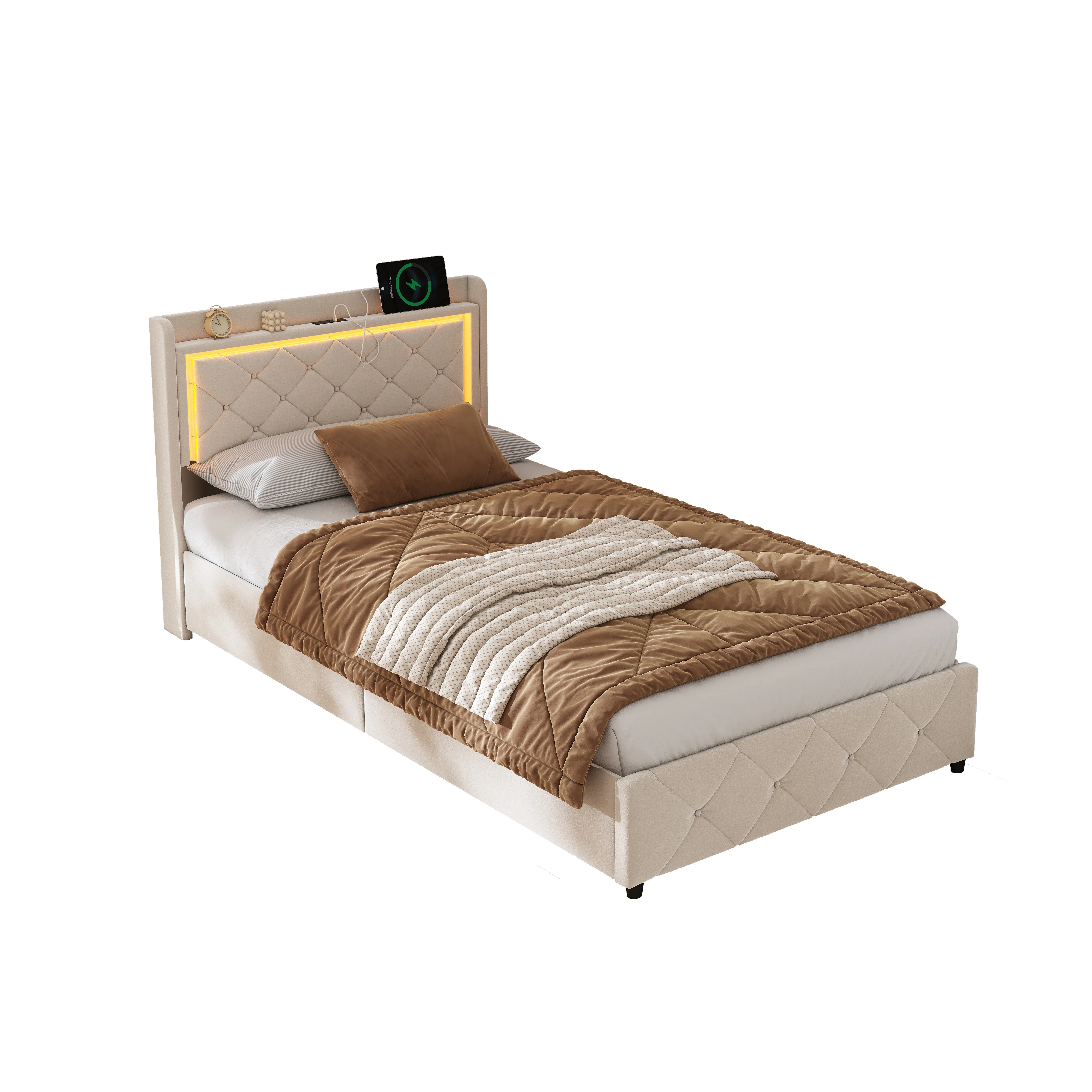 Eenpersoonsbed 90 x 200 cm, kinderbed, jeugdbed, met LED en oplaadpoort, opbergbed, jeugdbed, beige fluwelen stof - afbeelding 2