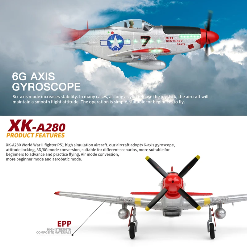 WLtoys XK A280 RC Plane 2.4G 4CH 3D6G Mode Aircraft P51 Fighter Simulator with LED Searchlight RC Airplane Toys for Children