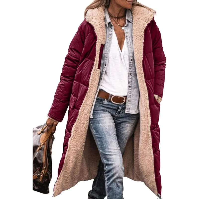 Women's 2023 Warm Winter Coats Reversible Sherpa Fleece Long Hooded Puffer Jackets Outerwear