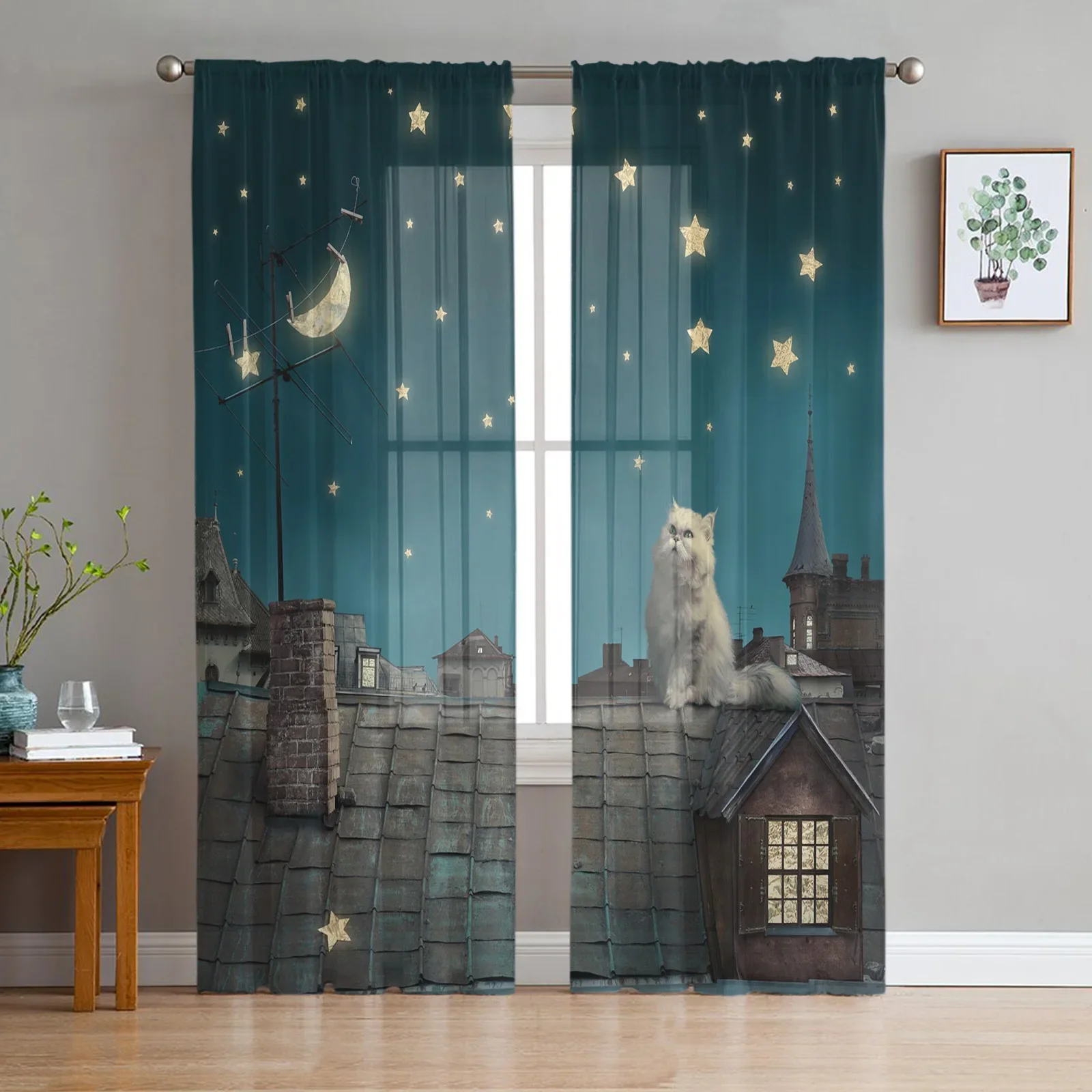 Cat Roof Kitten Night Moon Stars Tulle Sheer Curtains for Living Room Decoration Window Curtain for Bedroom Voile Organza Drapes