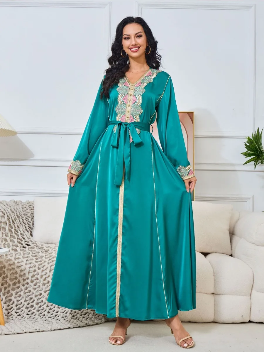 

Eid Muslim Party Dress for Women Jalabiya Lace-up Abaya Ramadan Long Dresses Abayas Woman Kimono Robe Caftan Vestidos 2024