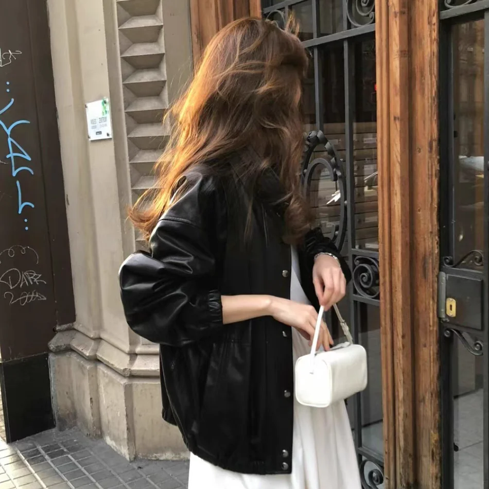 Retro Loose Pure Color Stand Collar Zipper Leather Jaet Simple Elegance Spring 2025 New Arrival Women's Faion Outerwear