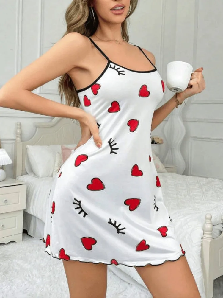 Summer Sleepwear Women Sexy Lingerie Love Printed Nightdress Round Neck Sleep Dress Nighties Nightgown Loungwear