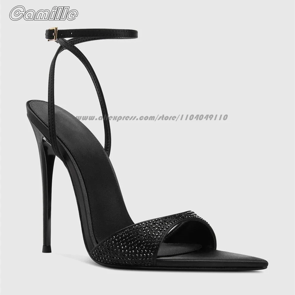 

Satin One Word Belt Ankle Strap Rhinestones High Heels Open Toe Size 34-44 Office Sexy Lady Sandals Solid Roman Style Sandals
