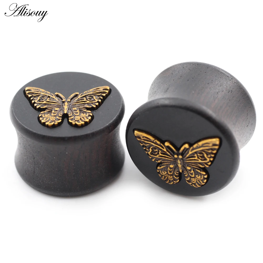 Alisouy 2PCS Retro Butterfly Double Flared Wood Copper Ear Tunnels Plug Expander Stretcher Gauges Earrings Piercing Body Jewelry