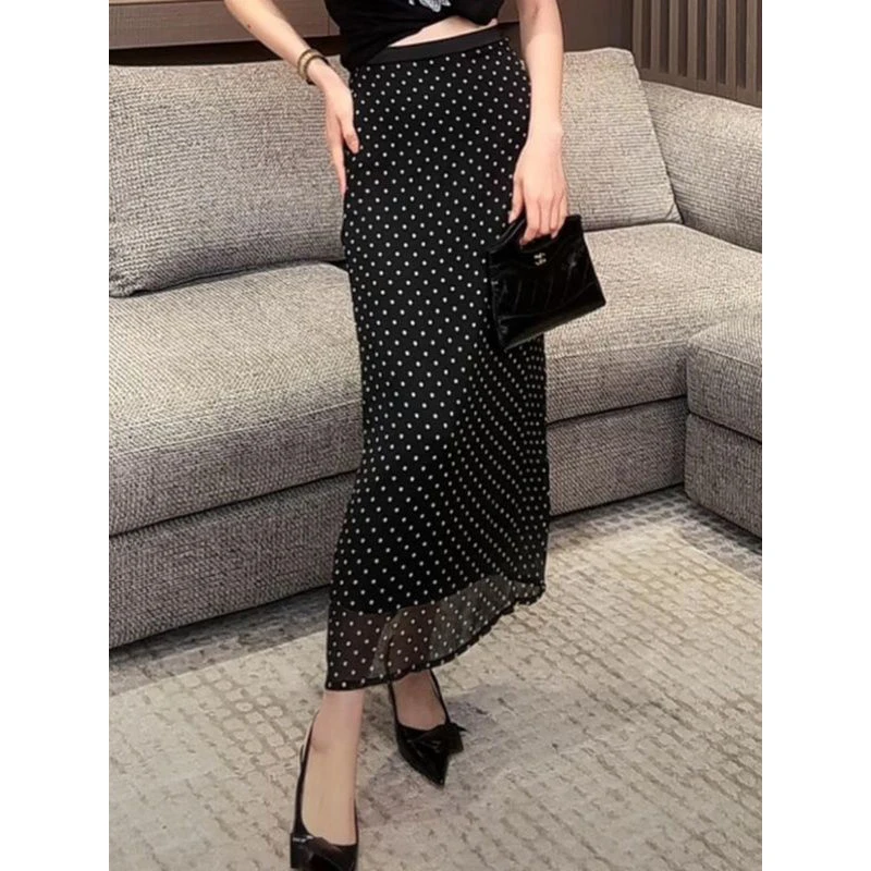 Women\'s Clothing 2024 Summer Fashion Polka Dot Print High Waist Long Skirts Office Lady Elegant Commuting Slim Party Maxi Skirt