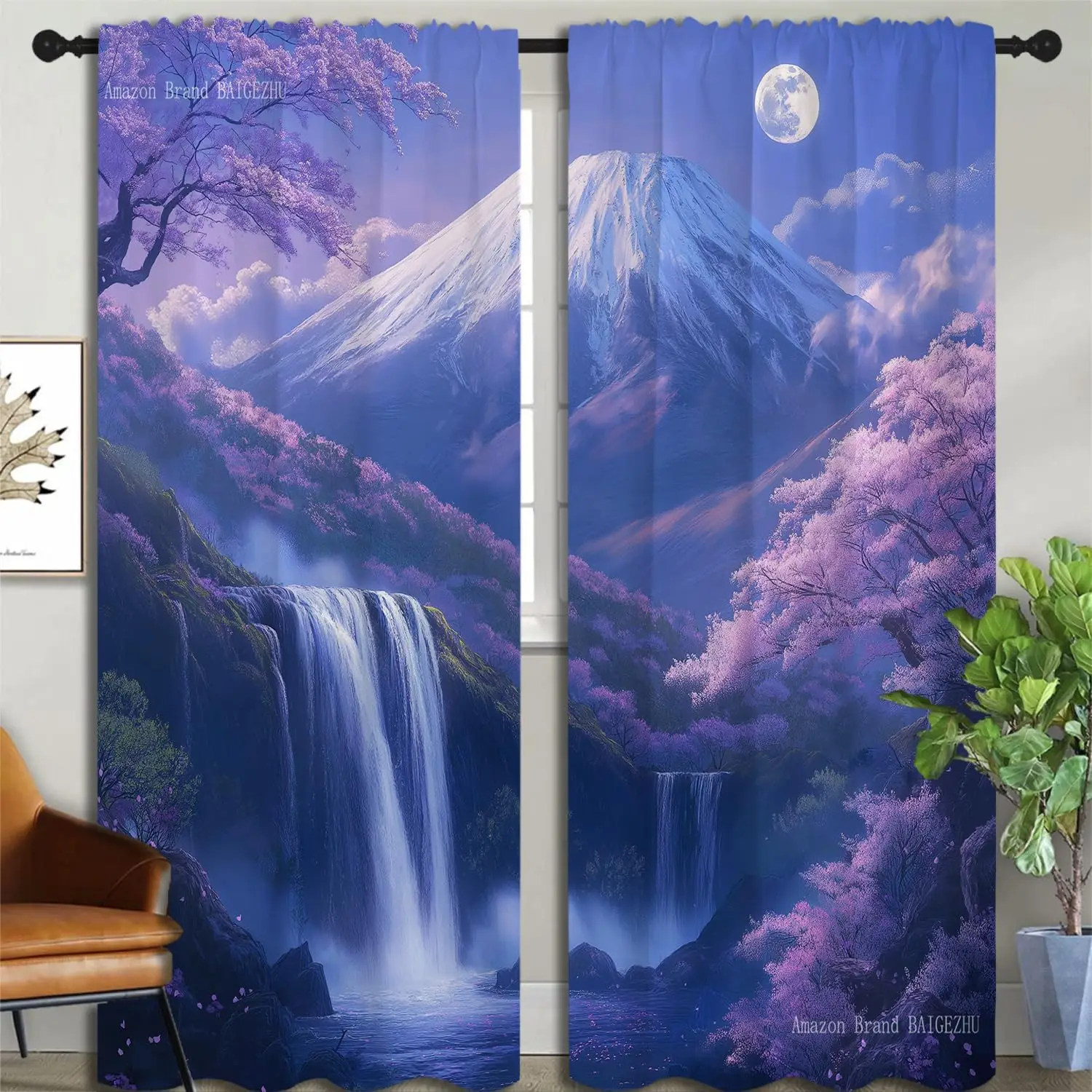 2pcs Purple Mountain Waterfall Curtains Cherry Blossom Window Drapes Landscape Natural Scenery Decor for Living Room Bedroom