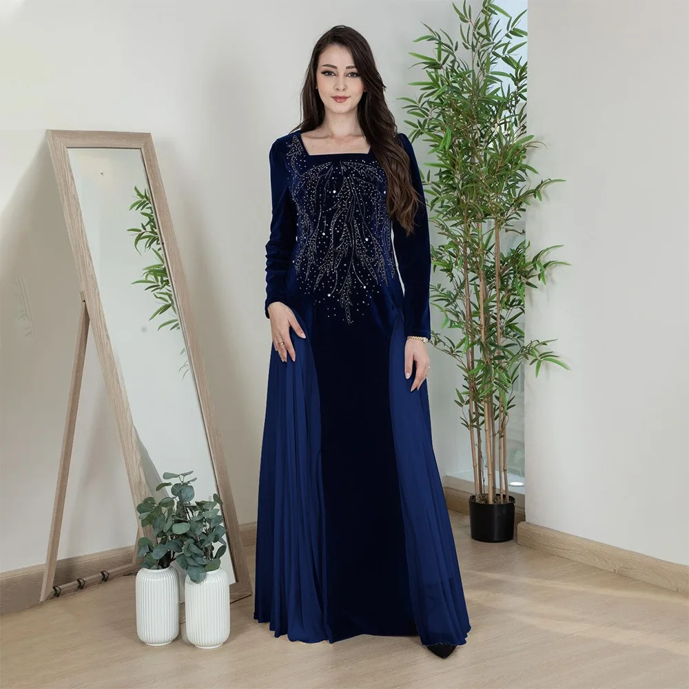 Winter Fashion Velvet Dress Muslim Women Square Neck Long Sleeve High Waist Pleated Long Dress Elegant Dress Women