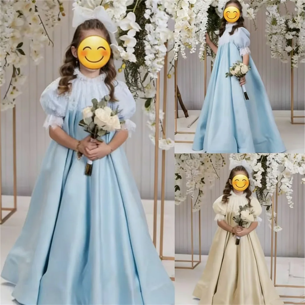 Vestido de niña de flores personalizado para boda, satén esponjoso, pequeña princesa, vestido de fiesta de noche de cumpleaños para niños, vestido de primera comunión