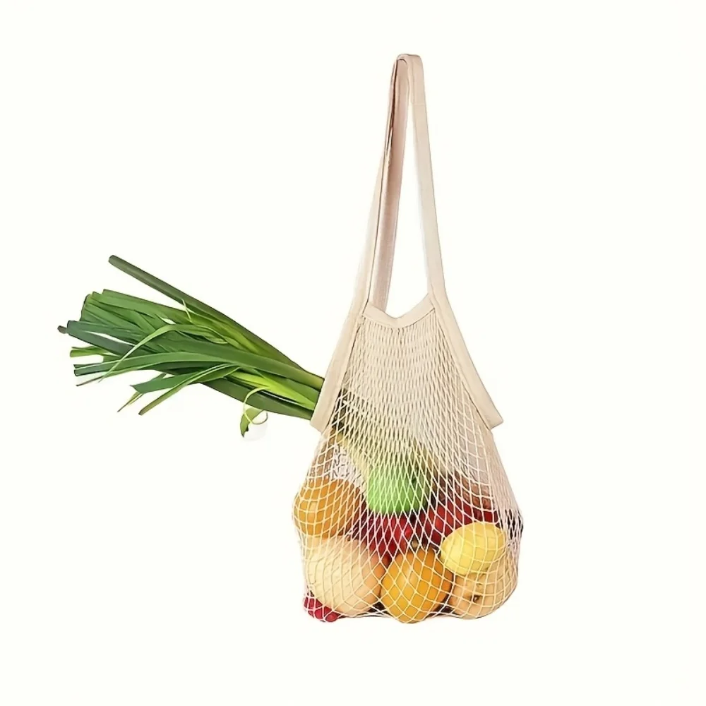 1 bolsa portátil de malla de algodón orgánico puro, bolsa con cordón de malla totalmente de algodón, bolsa de compras ecológica con cordón de malla de algodón para almacenamiento de frutas y verduras