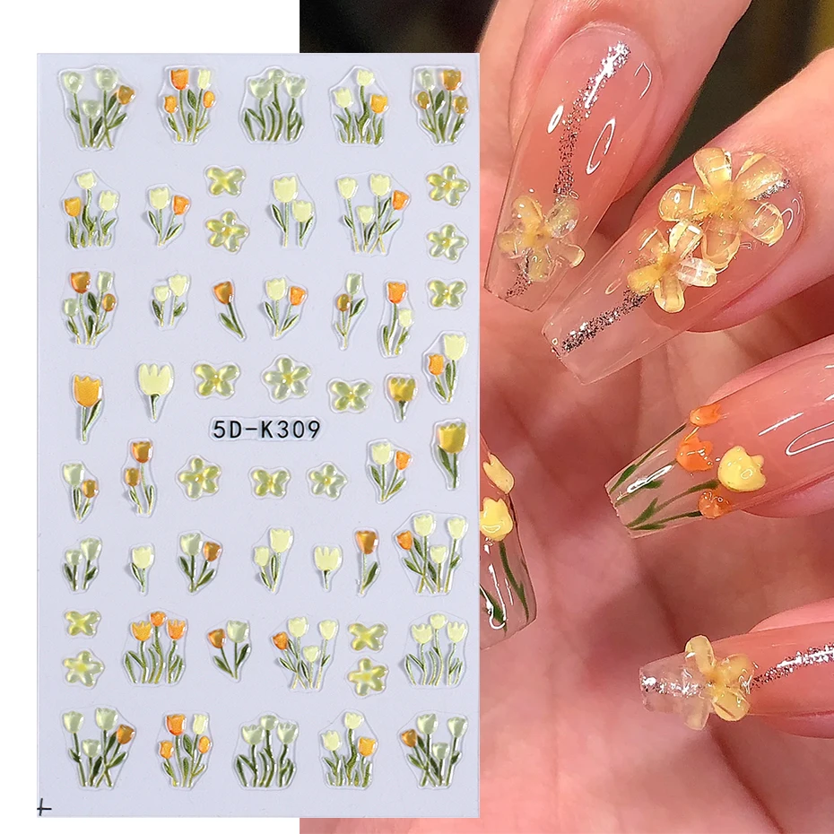 5D Spring Floral Embossed Nail Stickers Yellow Tulip Elegant Flowers Peach Adhesive Sliders Summer Simple Design Manicure Decals