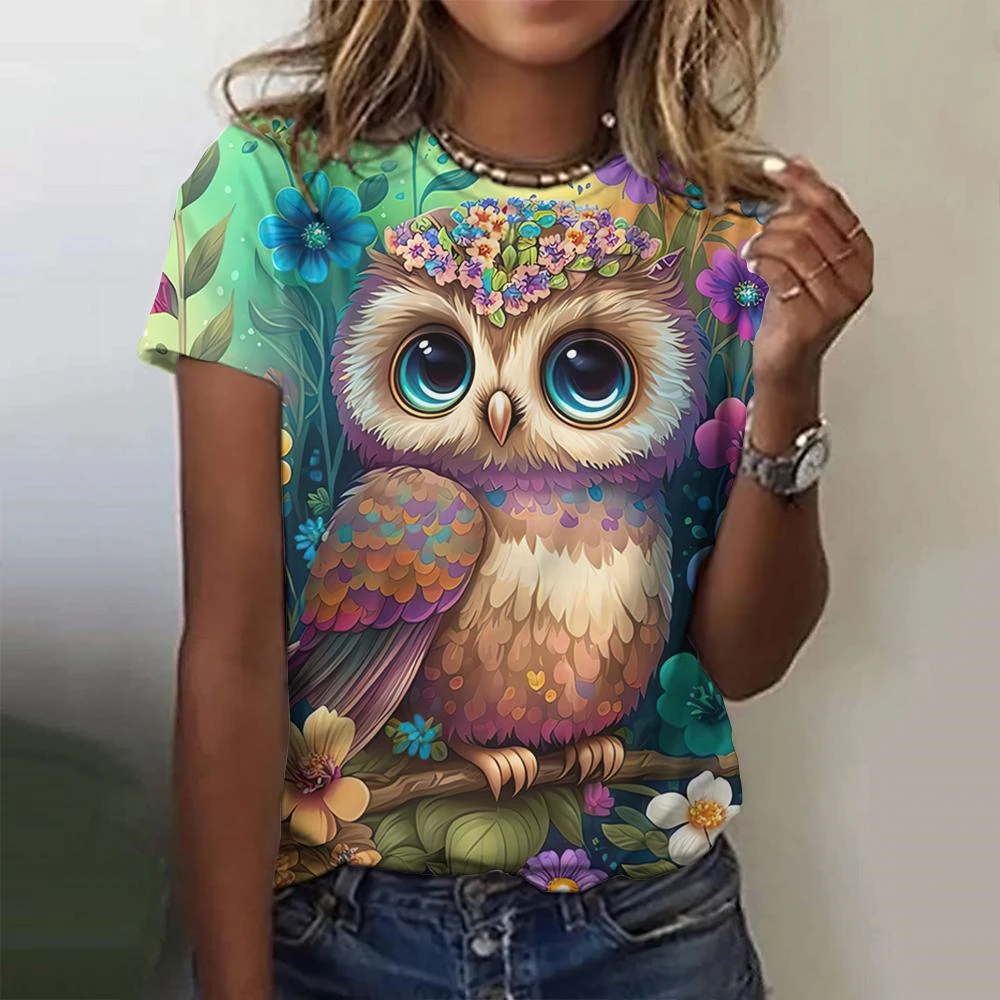 Summer O-Neck Short Sleeve Women's T-Shirt 3d Printed Owl Pattern T-Shirt Pullover Top Fashion Street Female Clothing 2025 Tops