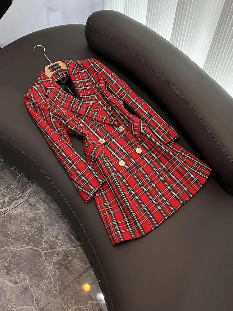 

Осень-зима 2022, модный высококачественный клетчатый длинный свек для похудения, женский костюм Dr Commute, украшение на пуговицах