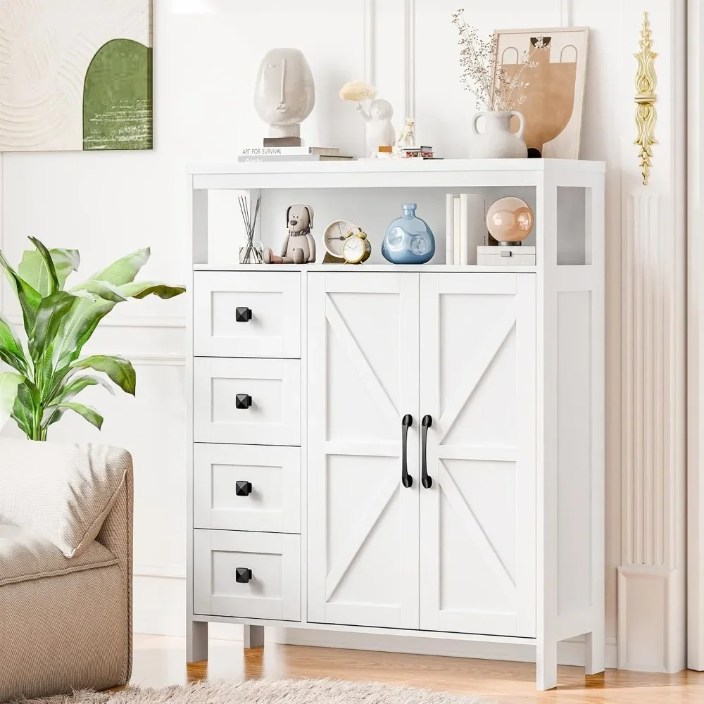 

Farmhouse Storage Cabinet with 2 Doors and 4 Drawers, Freestanding Bathroom/Kitchen/Living Room Cabinet (White)