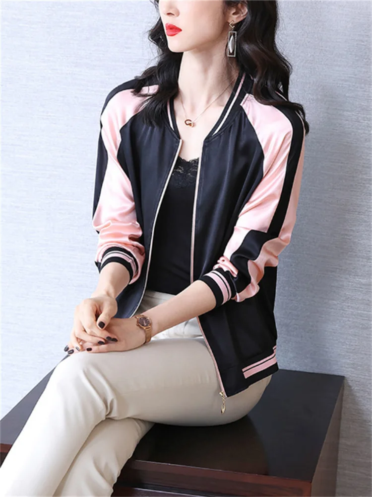 Silk Short Jacket For Women Baseball Outwear Spring Summer Thin Jackets Korean Zip Coats Loose Sunscreen Top Casual Women Jacket