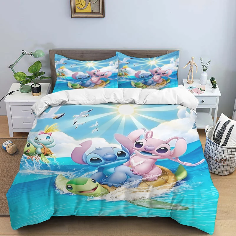 Disney Cartoon Cute Stitch drukuj trzyczęściowy zestaw pościeli z poszewką na poduszkę dla dzieci lub dorosłych King Queen Full Twin Size