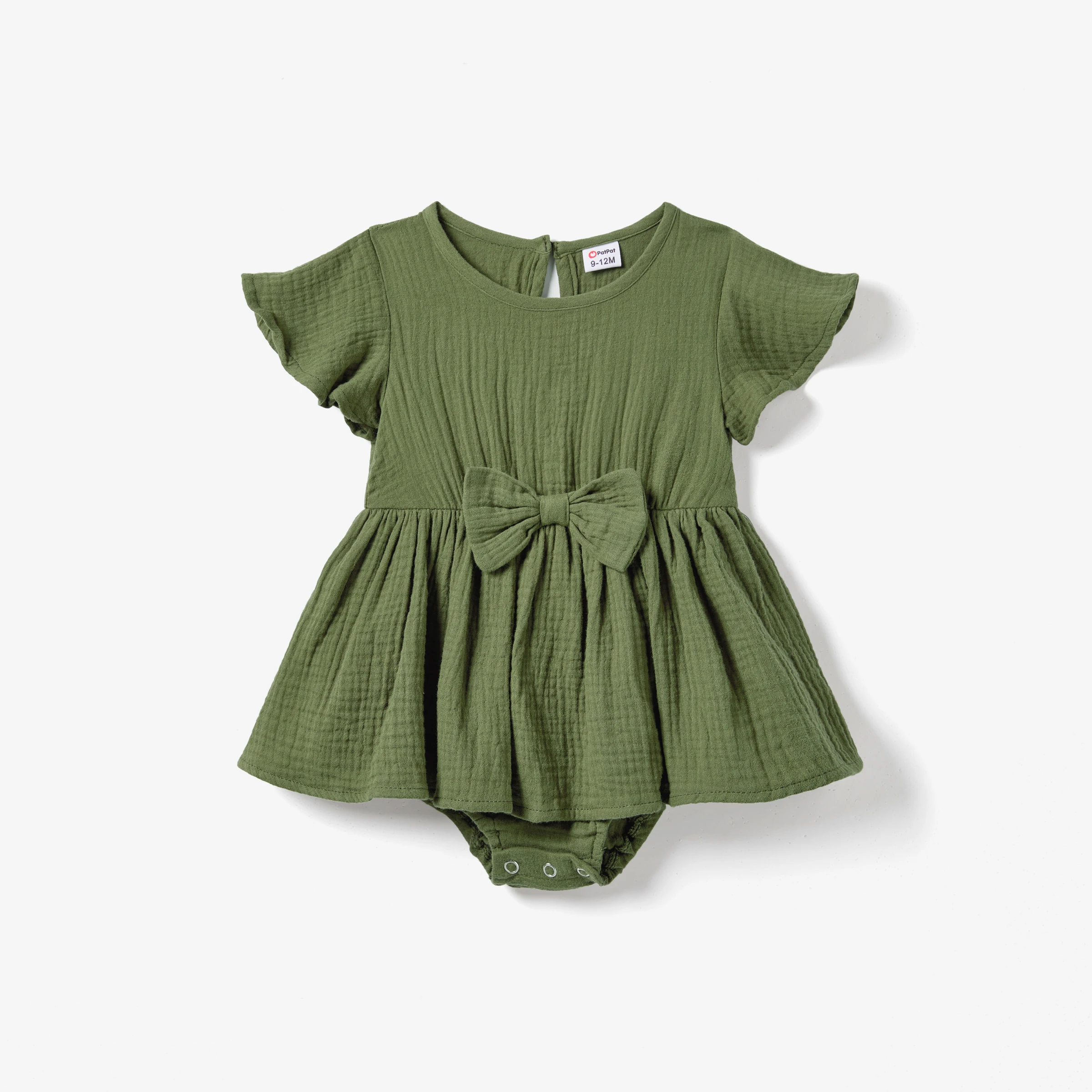 PatPat Family Matching Colorblock Stripe Tops and Army Green Cotton Crepe Short Sleeve Dresses Sets