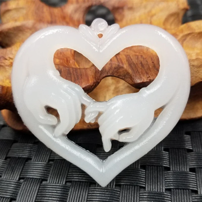 Natural Chinese White Jade Hand Carved Love Pendant Fashion Jewelry Couples Stay Together for A Lifetime Necklace Popular Gift