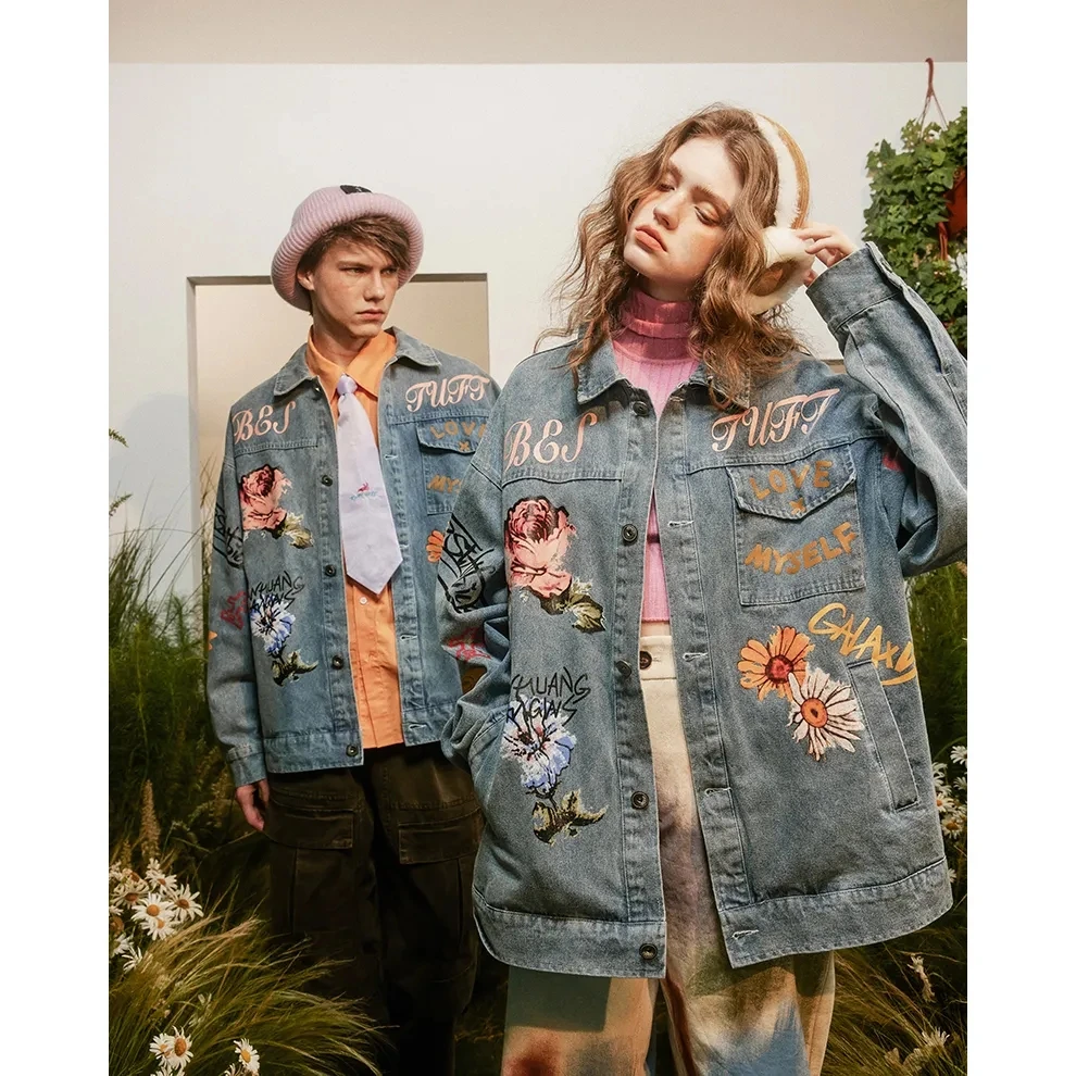 

2025 Women Denim Jacket Graffiti Printed Loose Casual Cowboy Coat Retro American Street Style Womens Spring Clothes Outwear Top
