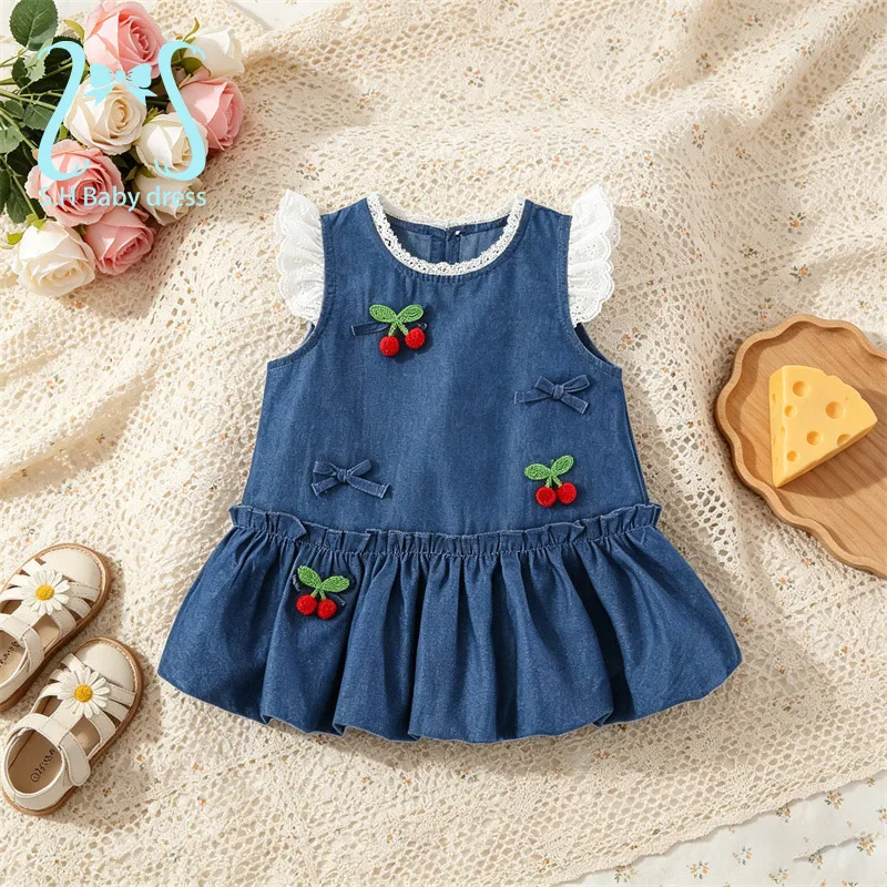 Toddler Baby Girl Denim Sleeveless Dress Cute Cherry Embroidery Sundress Summer Children Casual A-Line Dress 0-4 Y kids Clothing