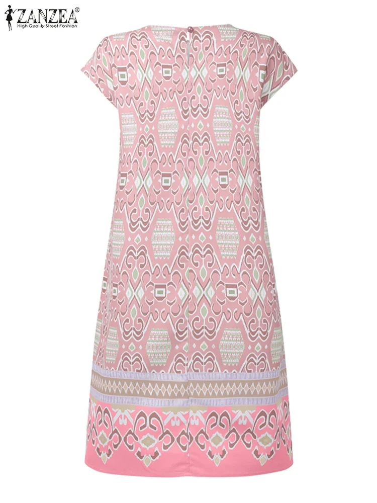 Zanzea boêmio mini vestidos femininos manga curta em torno do pescoço impresso casual solto praia vestido de verão 2025 verão vintage vestidos robe