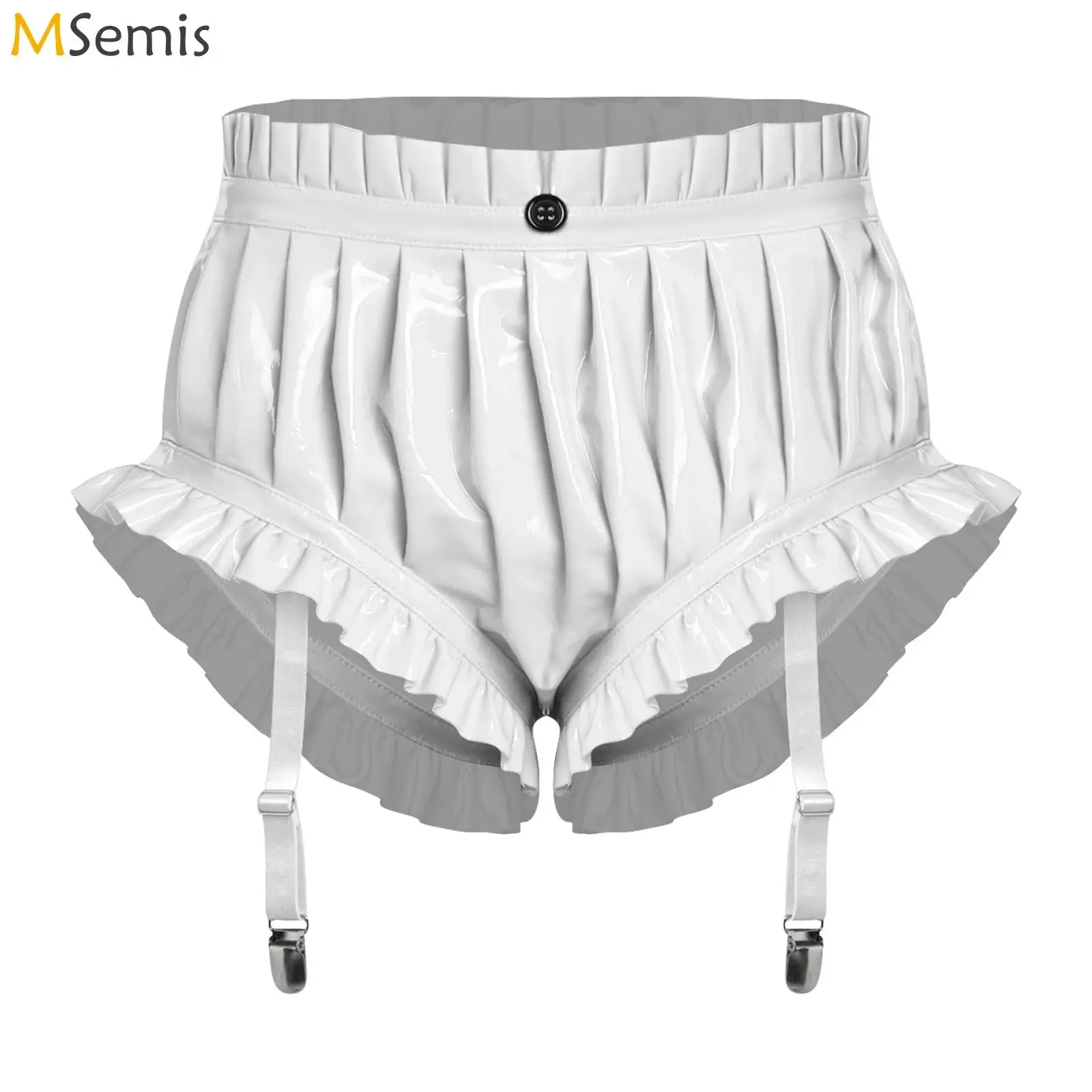 

Womens Wet Look PU Leather Garter Rave Shorts Ruffle Trim Shiny Lingerie Ruffle Trim Ruched Bloomer with Garter Clips Clubwear