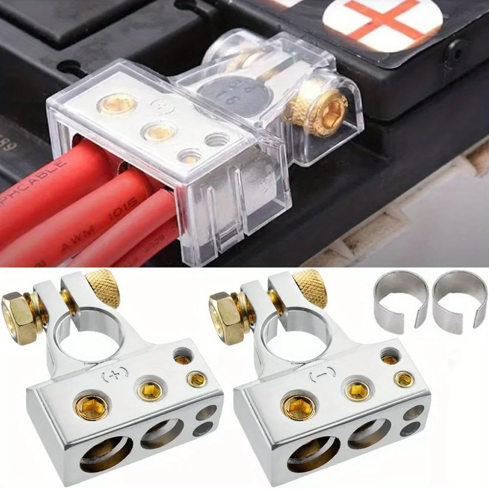 2pc Universal Car Battery Terminal Clamp 4 Point Inputs Marine Boat Battery Clip with Transparent Cover Shims Gold  Silvery Ring