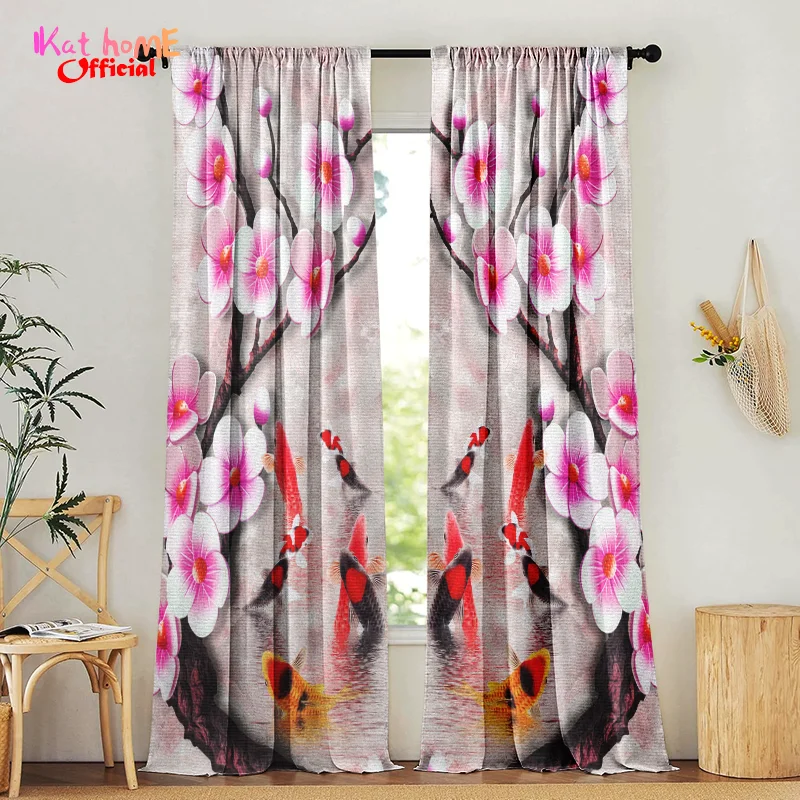 

Luxury Living Room Window Curtains 2 Panels Bedroom Blackout Curtains Kitchen Door Curtain Goldfish Peach Blossom Boho Art Decor