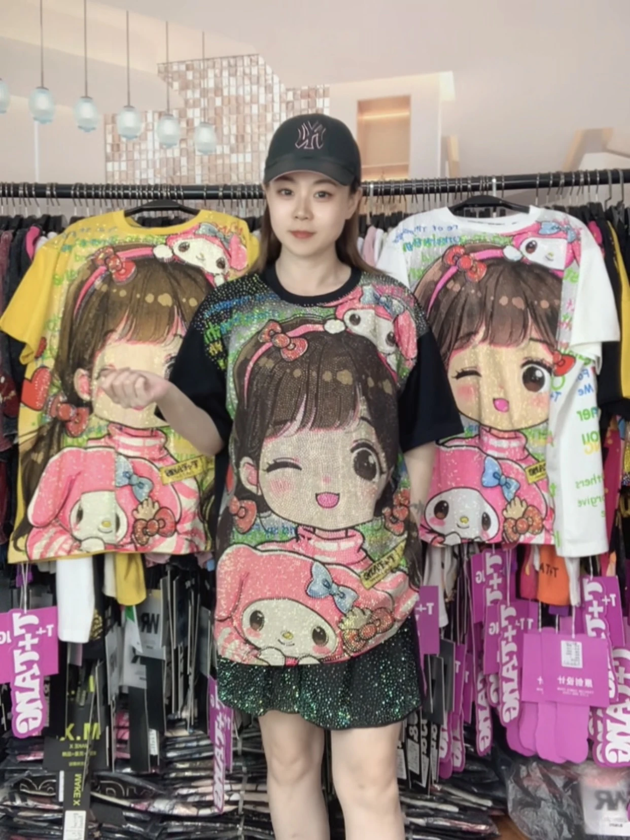 

Trendy Summer New Heavy Rhinestone Cartoon Girls Loose Anti-aging Mid-length Short-sleeved T-shirt Women's Top Fashionable Co...