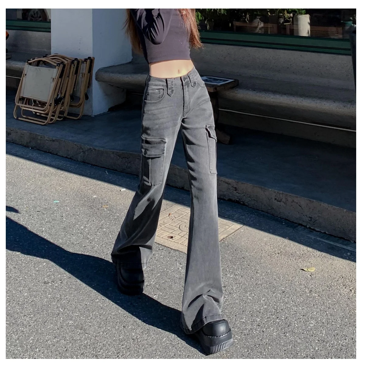 

Hot Girl Style Stretch Micro-Flared Jeans Women's Retro 90S Streetwear Cargo Denim Trousers Y2K Fashion Casual Black Slim Pants