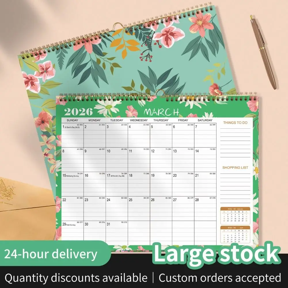 English Version 2026 Wall Calendar Large Date Blocks Floral Design Wall Calendar Thick Paper Aesthetic Design Hanging Planner