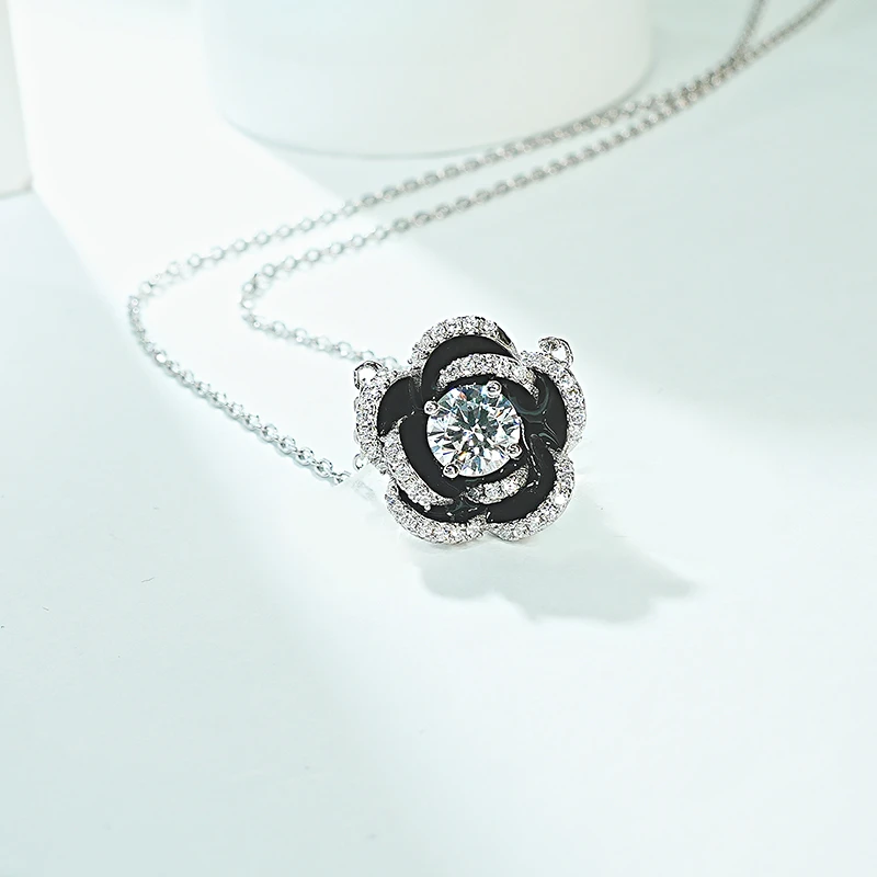 Xiaoxiangfeng Black Camellia 925 Silver Pendant Set with High Carbon Diamond Versatile Wedding Jewelry