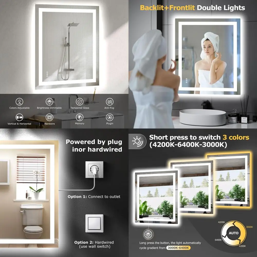 

Dimmable 30x36 LED-lit Bathroom Mirror, Anti-Fog, Backlit, Front Lit, Smart Vanity with Memory Function, Shatterproof Tempered G