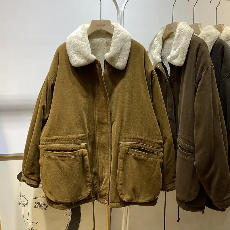 Winter Jackets Women Imitation Rabbit Fur Lining Soft Comfortable Warm Cotton Coat Women's Loose Lazy Workwear Jacket 2025 New