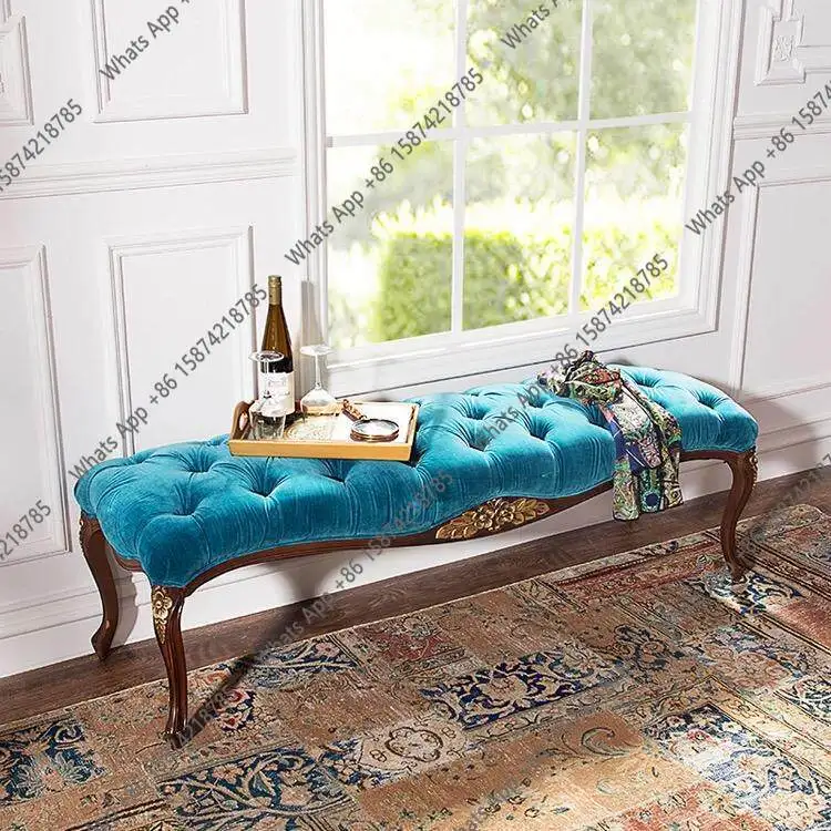 Zc French Gold-painted Carved Shoe Changing Stool Wedding Room Bedroom Bedside Stool European Velvet Fabric Long Pedal