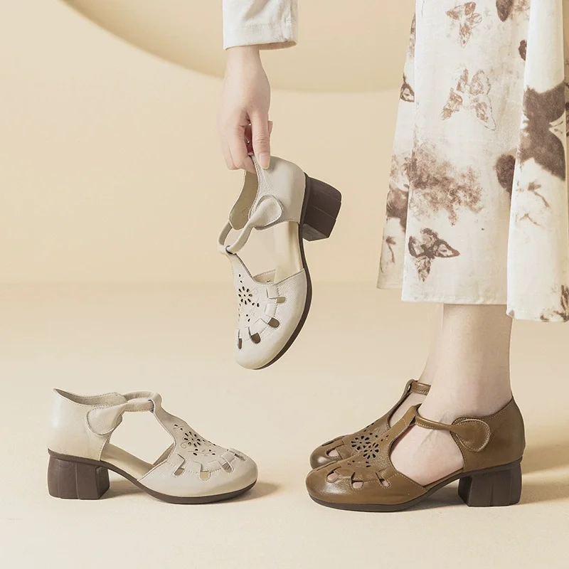 

Женские сандалии GKTINOO из натуральной кожи, летняя обувь, женская обувь на высоком каблуке 5 см, женская обувь в стиле ретро, 2026, сандалии с вырезами