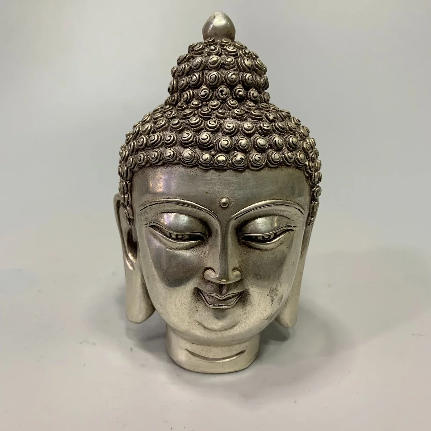 

Tibet Buddhism Temple Brass Silver Sakyamuni Shakyamuni Buddha Head Bust Statue