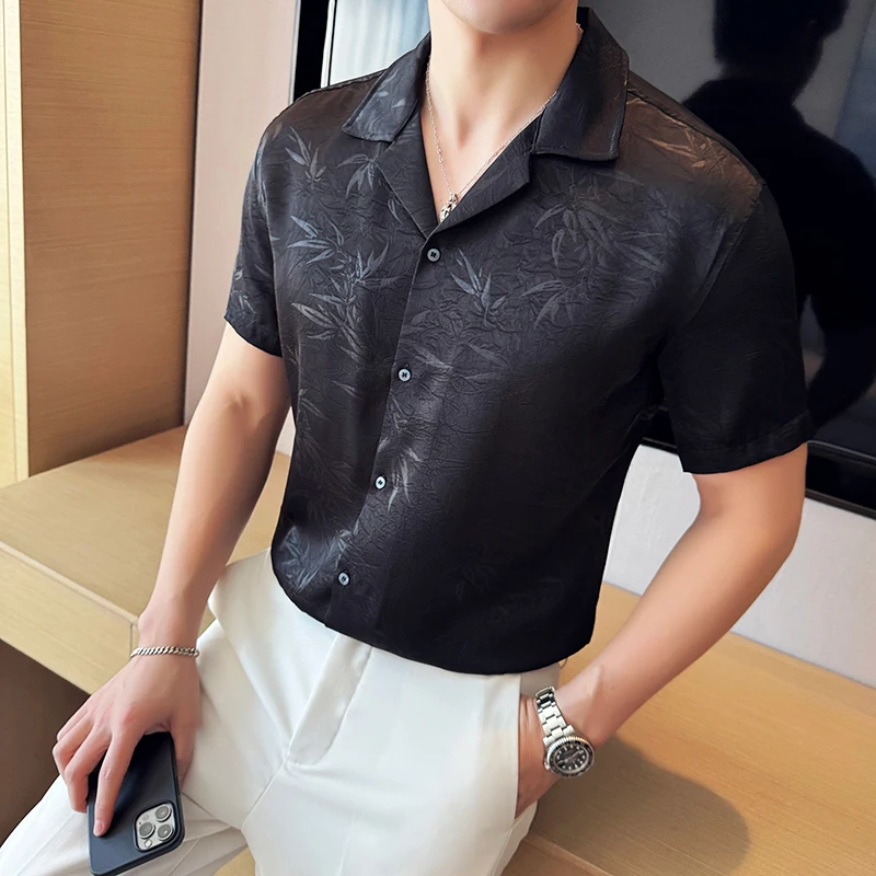 Summer Cuban Collar Personalized Jacquard Shirt for Men Thin Design Silky and Flowing Printed Short Sleeved Shirt 100% Polyester